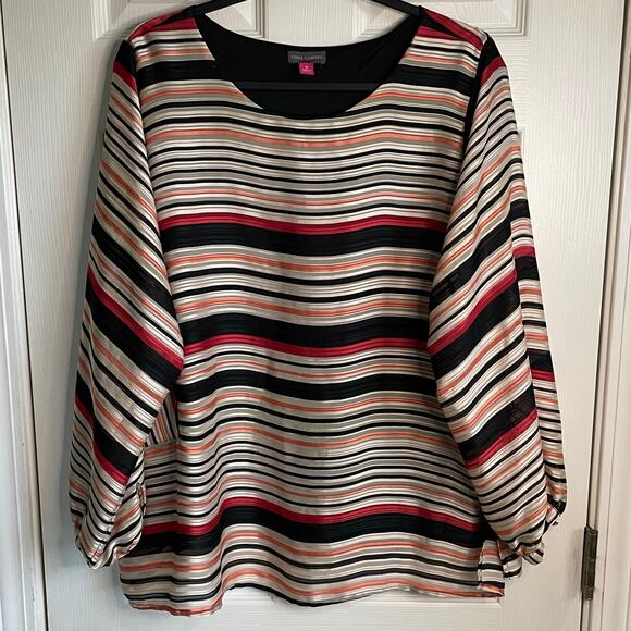 Vince Camuto Top Blouse Striped Long Sleeves Sz 1X Lined Orange Black Beige - Picture 1 of 11